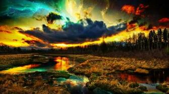 Digital Art Nature River Clouds Stars Forest