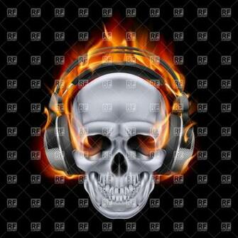 Flaming Skull In Headphones On Black Background Vector
