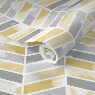 A Yellow And Grey Wallpaper With Diagonal Stripes On The Bottom Along
