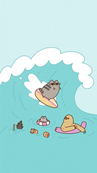 Surfin Pusheen And Friends Phone Wallpaper Background