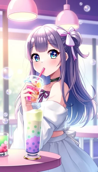 Cute Anime Girl Drinking Boba Wallpaper