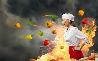 Desktop Wallpaper Girls Flame Asiatic Creative Food Cook
