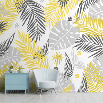 Yellow Grey Tropical Leaves Room Wallpaper