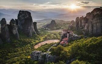Greece Monastery Meteora World Heritage Mountains Sunrise