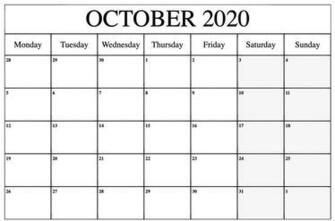 October Calendar Pdf Word Excel Printable Template