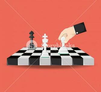 Hand Holding A Pawn Of The Chess Board Over Red Background