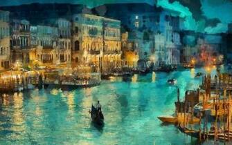 Night Canal Lights House Venice Art Gondola Italy Painting