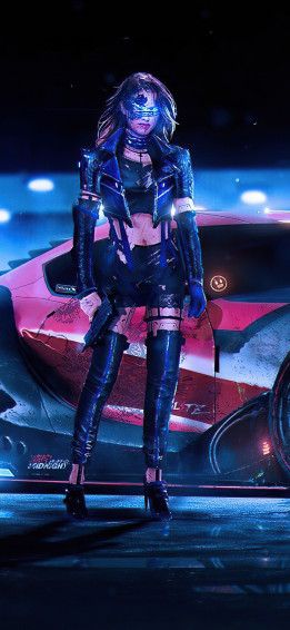 Cyber Girl With Red Car iPhone Xs Max HD 4k Wallpaper