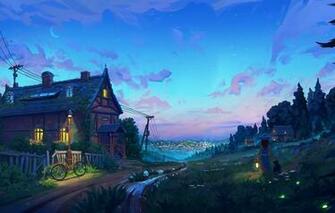 Wallpaper City Lights Girl Moon Forest Bicycle Twilight