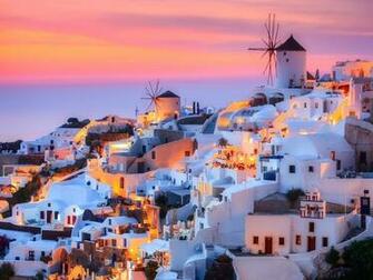 Wallpaper Greece Santorini Island Dusk Houses Lights