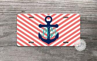 Preppy Anchor Nautical Monogram Coral Chevron License Plate Aluminum