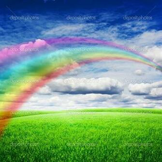 Field Under Blue Clouds Sky With Bright Rainbow Wallpaper HD
