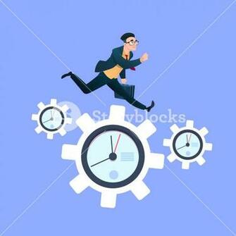 Businessman Running On Clock Cogwheels Over Blue Background Gear