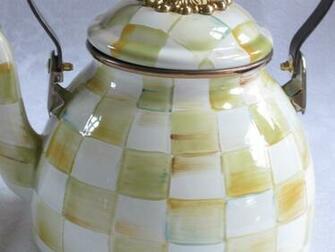 Details About Mackenzie Childs Parchment Check Enamel Tea Kettle Qt