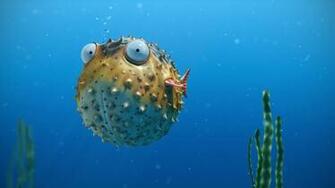 Render Puffer Fish Art Bubbles Funny Ocean Blue HD Wallpaper