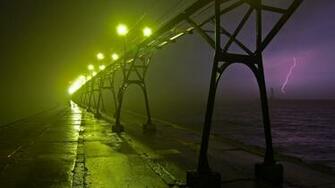 Grand Haven Storm Fog Pier Wallpaper Background