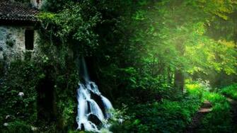 Forest Nature Building Waterfall Landscape Wallpaper