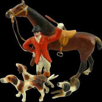 Antique Bronze Hunt Figurine Fox Hunting Scene Rider Horse Hounds