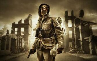 Post Apocalyptic People Stalker Ruins Gas Mask Rope Sky Dark