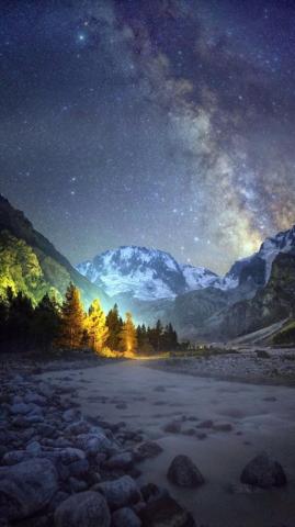 Night Mountains Shiny Sky Pine Trees iPhone Wallpaper
