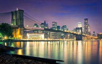 Brooklyn Bridge New York Buildings Skyscrapers Ocean Night