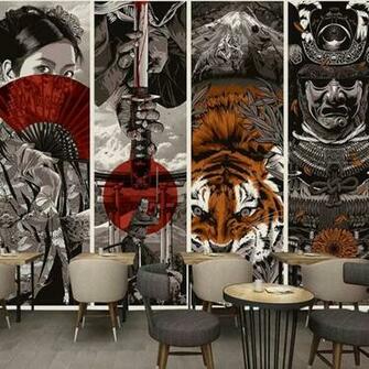 Japanese Style Wallpaper Samurai Ukiyo E Hotel Decorative Wall