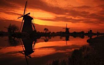 Kinderdijk Sunset The Netherlands Mills Windmills Sky Wallpaper