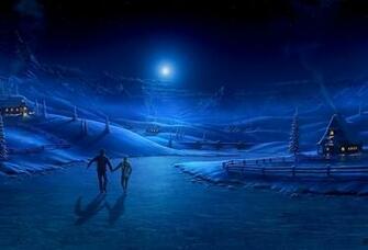 Wallpaper Winter Night Graphics Couple River Ice Skate Moon