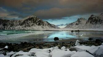 Ocean Coast Stones Cold Snow Mountains Clouds