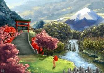 Art Landscape Asia Geisha Umbrella Sakura Stairs Gate