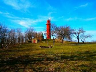 Red Lighthouse Sky Green Spring Public Domain Pictures