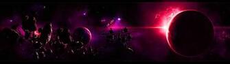 Day Dual Screen Monitor Purple Planet With Asteroids Space Wallpaper