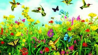 Birds Butterflies And Flowers Spring Nature Art Wallpaper