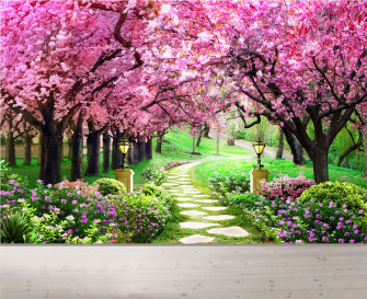 Purple Sakura Flower Forest Road Park 3d Murals Wallpaper For