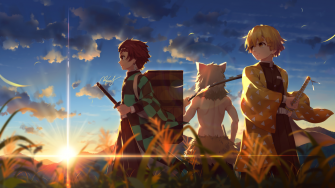 Demon Slayer Trio At Sunrise Wallpaper