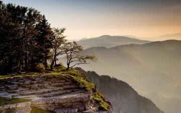 Mountain Ledge Hills Trees Fog Wallpaper