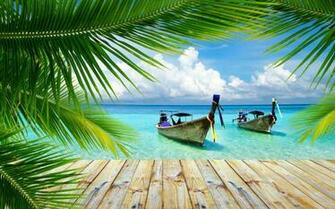 Nature Landscape Beach Tropical Palm Trees Walkway Boat