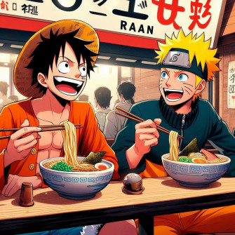 Naruto And Luffy Eating Ramen Together R Dalle2