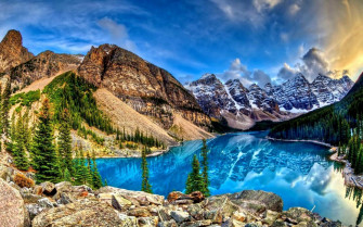 HDr Banff National Park Reflection Landscape Tree Mountain Canada Lake Nature Moraine Wallpaper