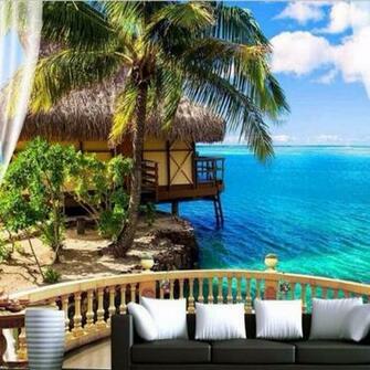 3d Large Wall Mural Wallpaper HD Balcony Window Beach Sea Hut