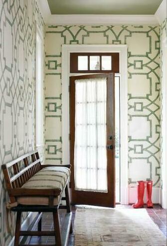 Green Geometric Wallpaper Vintage Turkish Rug Red Wellies