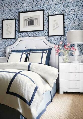 Paisley Wallpaper In Navy And A White Matelasse Duvet Cover With