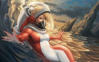 Snorkel Dive Help Blonde Girl Sea Wave Painting HD Wallpaper