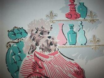 Vintage Wallpaper Poodle Pet Grooming Pink Teal Fleur De Lis Yards