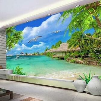 Custom 3d Photo Wallpaper Beach Sea Coconut Trees Scenery