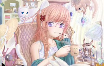 Wallpaper Cat Anime Glasses Girl Book Hat Neko Bunny