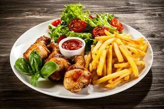 Wallpaper Finger Chips Ketchup Roast Chicken Food Plate Vegetables