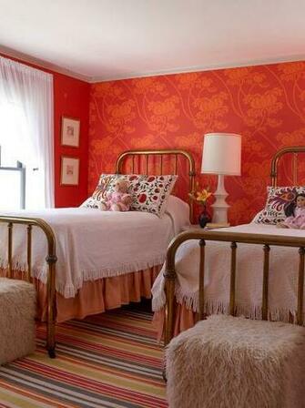 Modern Farmhouse Style Bedroom With Red And Orange Wallpaper