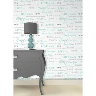 Fine Decor Sq Ft Happy Home Aqua Text Wallpaper