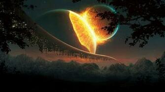 Planet Explosion Lights Fantasy Art Mountain